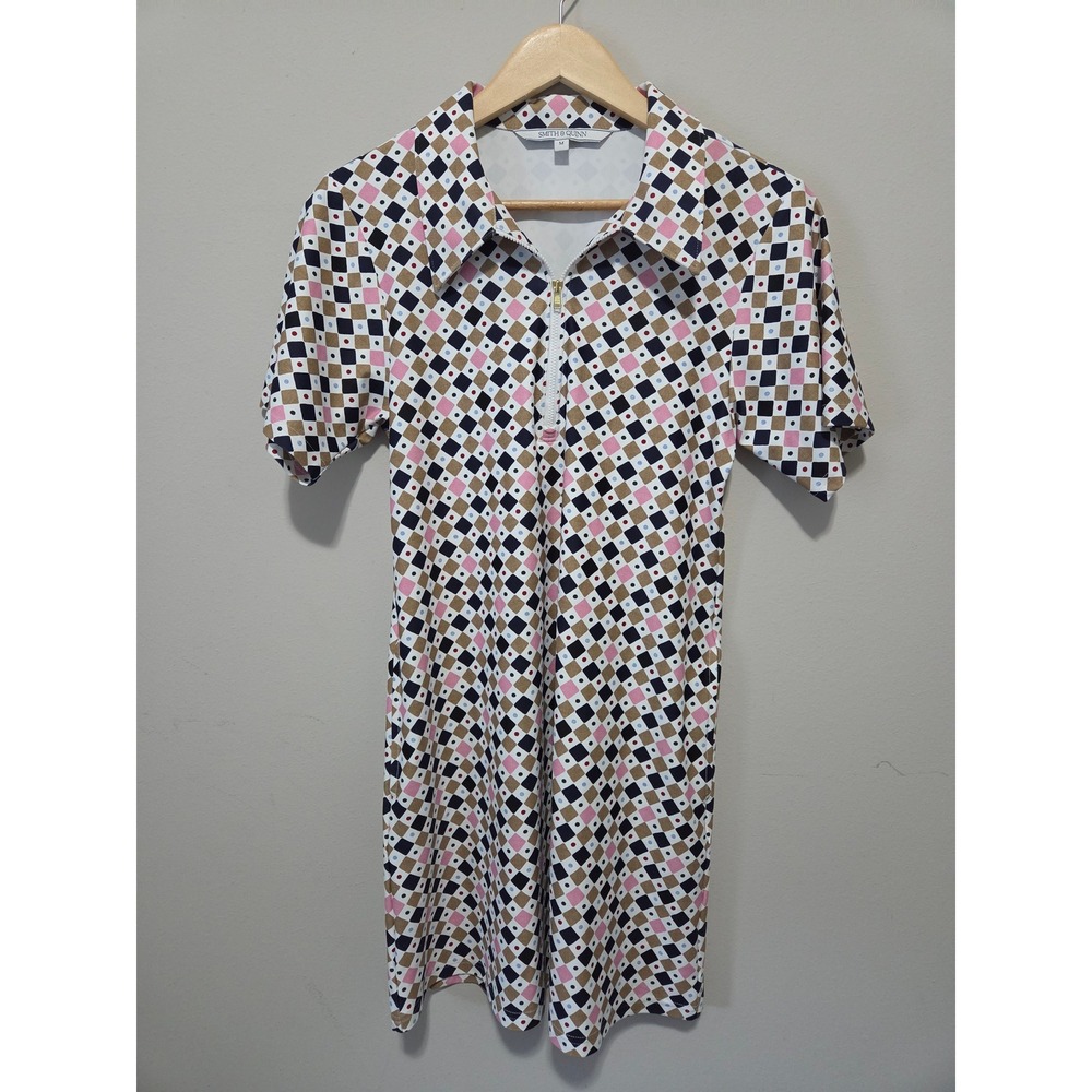 Smith & Quinn Womens Geometric Diamond Print Quarter Zip Golf Dress Navy Pink M